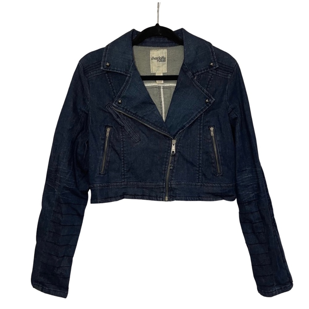 Double-Breasted Crop Dark Blue Jean Zip Up Jacket - Size Large